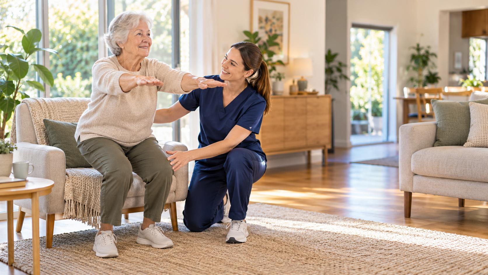 Physiotherapist supporting an older adult during rehabilitation at home