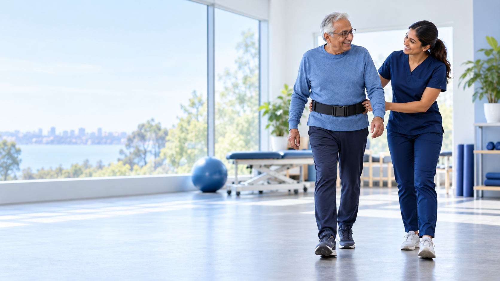 Physiotherapist assisting a patient with gait rehabilitation